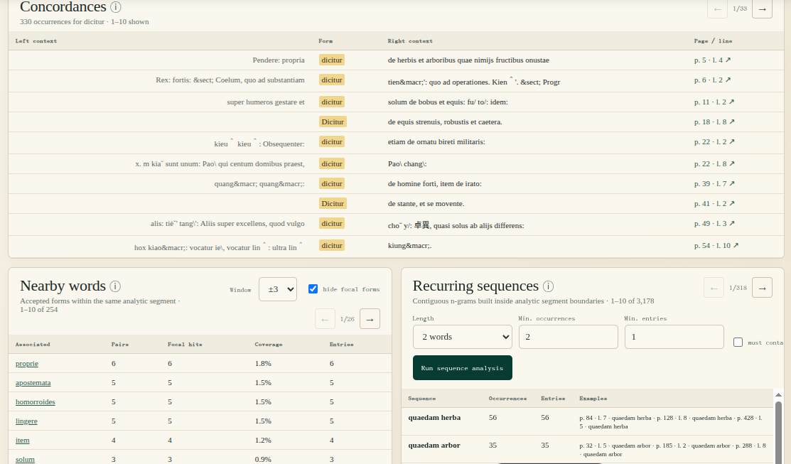 Annotated Explore words tab with concordances, nearby words and recurring sequences