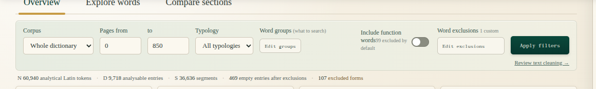 Annotated filter bar of the Latin lexical analysis interface